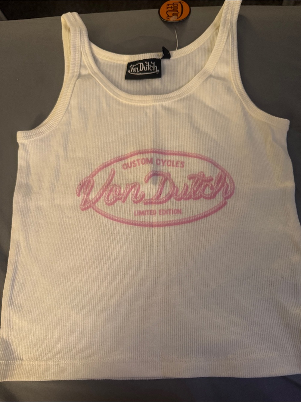 Von Dutch Cream Ribbed Tank with Pink Logo - Picture 5 of 5